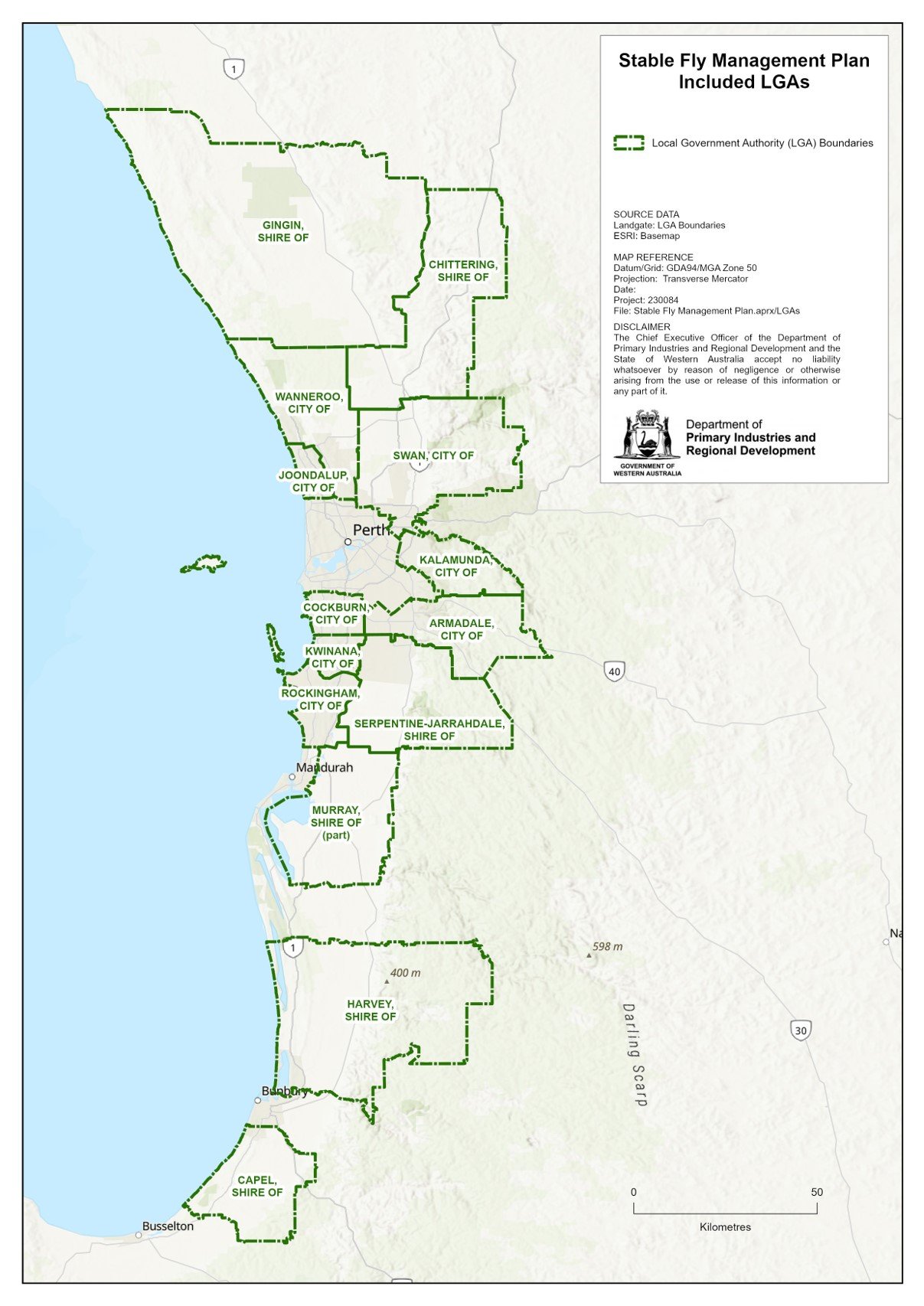 Map where stable fly is a declared pest in WA